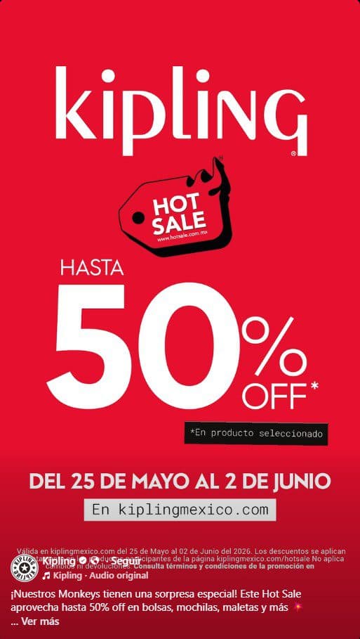 Hot Sale 2026 Kipling: hasta 50% de descuento en bolsas y mochilas