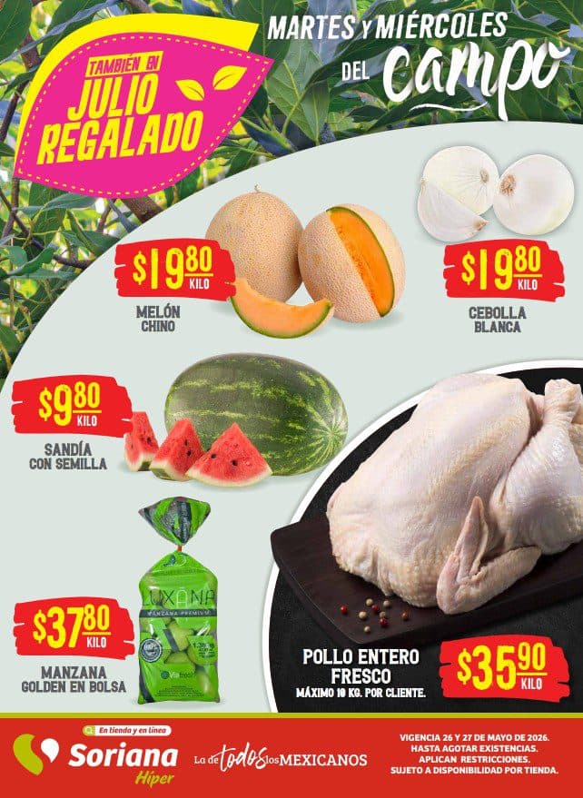Martes y Miércoles del Campo Soriana 26 y 27 de mayo: frutas y verduras a buen precio