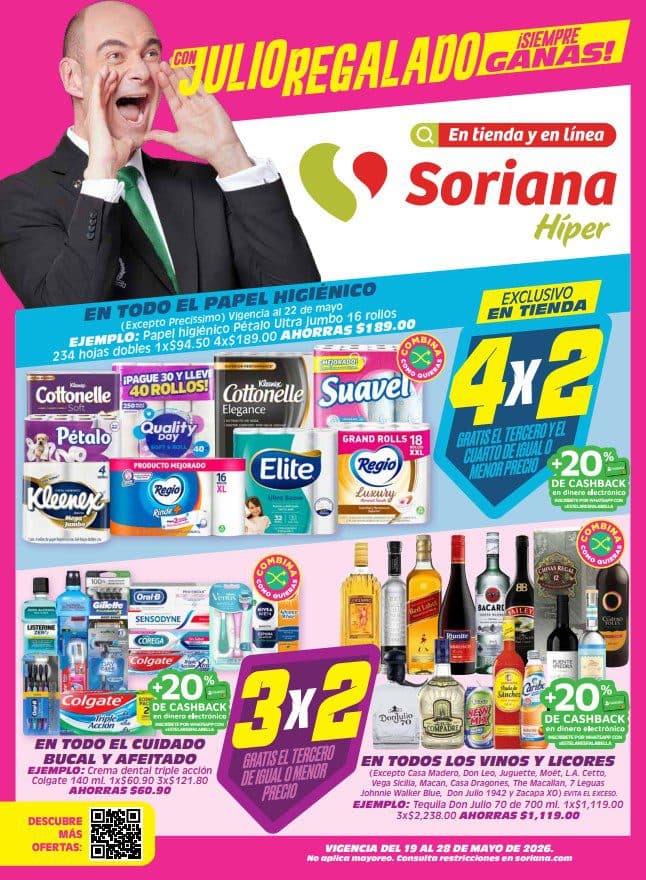Julio Regalado Soriana 19 al 28 de mayo: 4×2 en papel higiénico y más ofertas