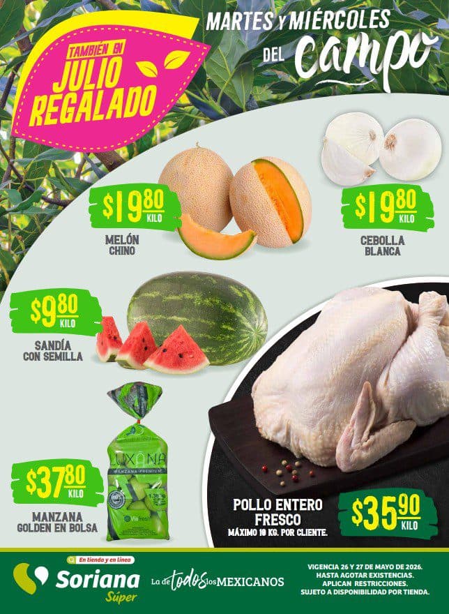 Martes y Miércoles del Campo Soriana 26 y 27 de mayo: frutas y carnes a buen precio