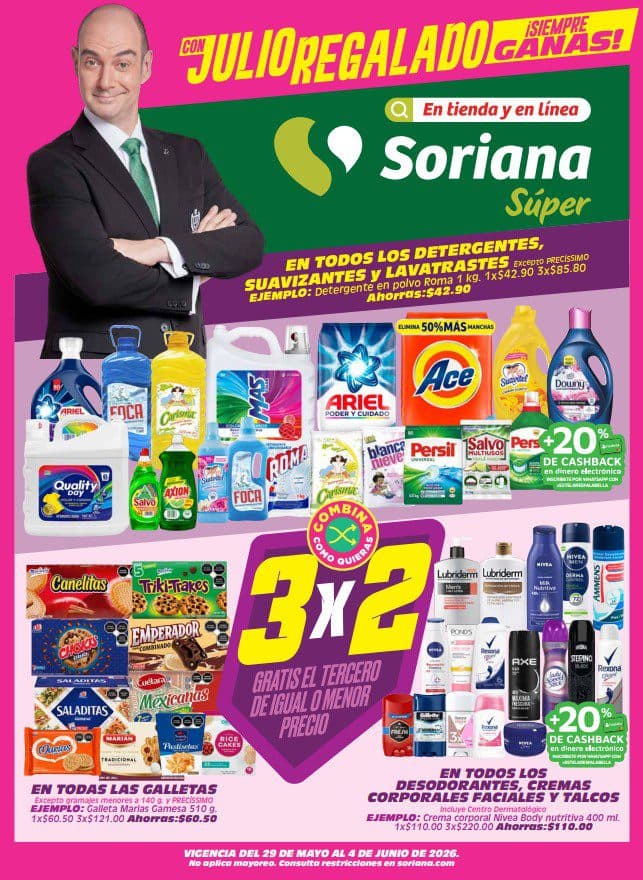 Julio Regalado Soriana 29 de mayo al 4 de junio: 3×2 en detergentes, galletas y más