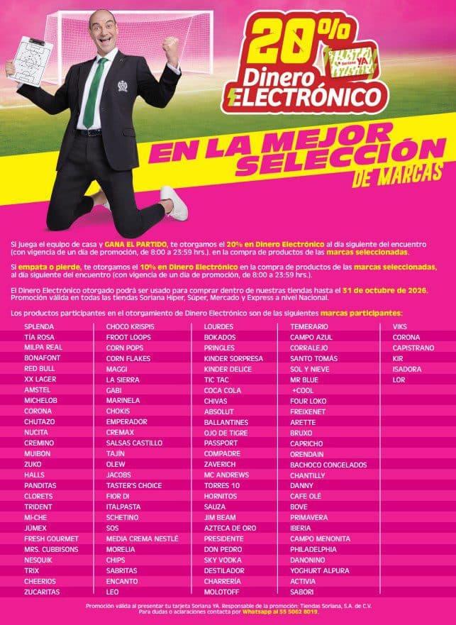 Promo del Mundial Soriana: hasta 20% en dinero electrónico si el equipo gana