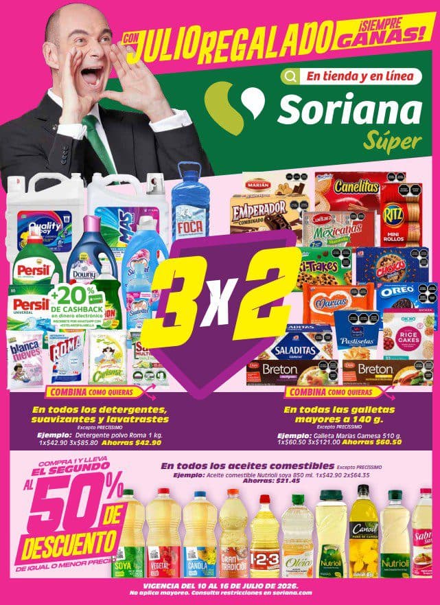 Julio Regalado Soriana 10 al 16 de julio: 3×2 en detergentes, galletas y más