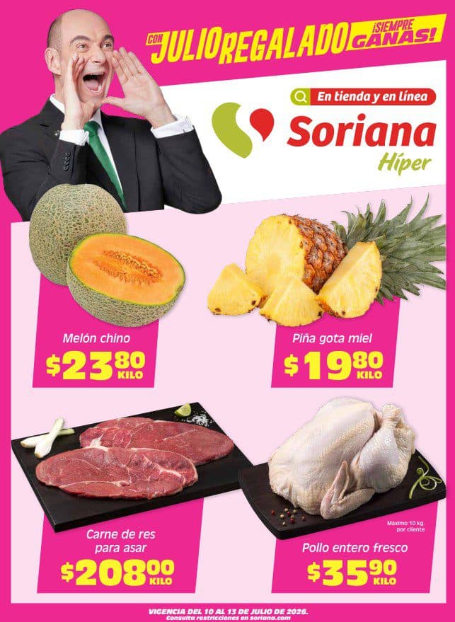 Julio Regalado Soriana 10 al 13 de julio: frutas, verduras y carnes a buen precio