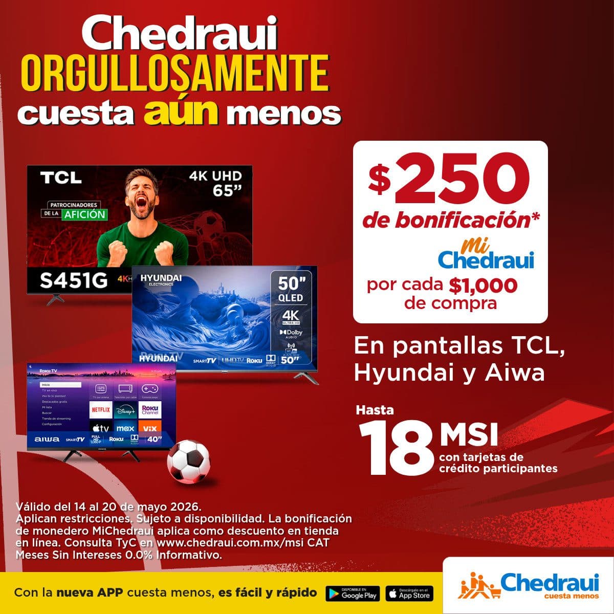 Promo Chedraui: $250 de bonificación por cada $1,000 en Pantallas del 14 al 20 de mayo