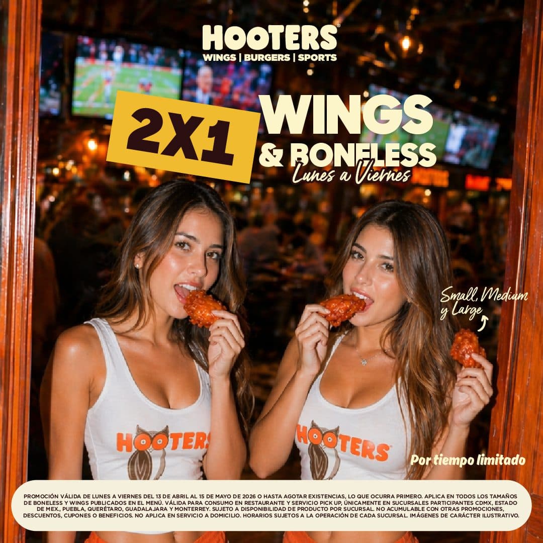 Promoción Doble Placer Hooters: 2×1 en boneless y alitas hasta el 15 de mayo