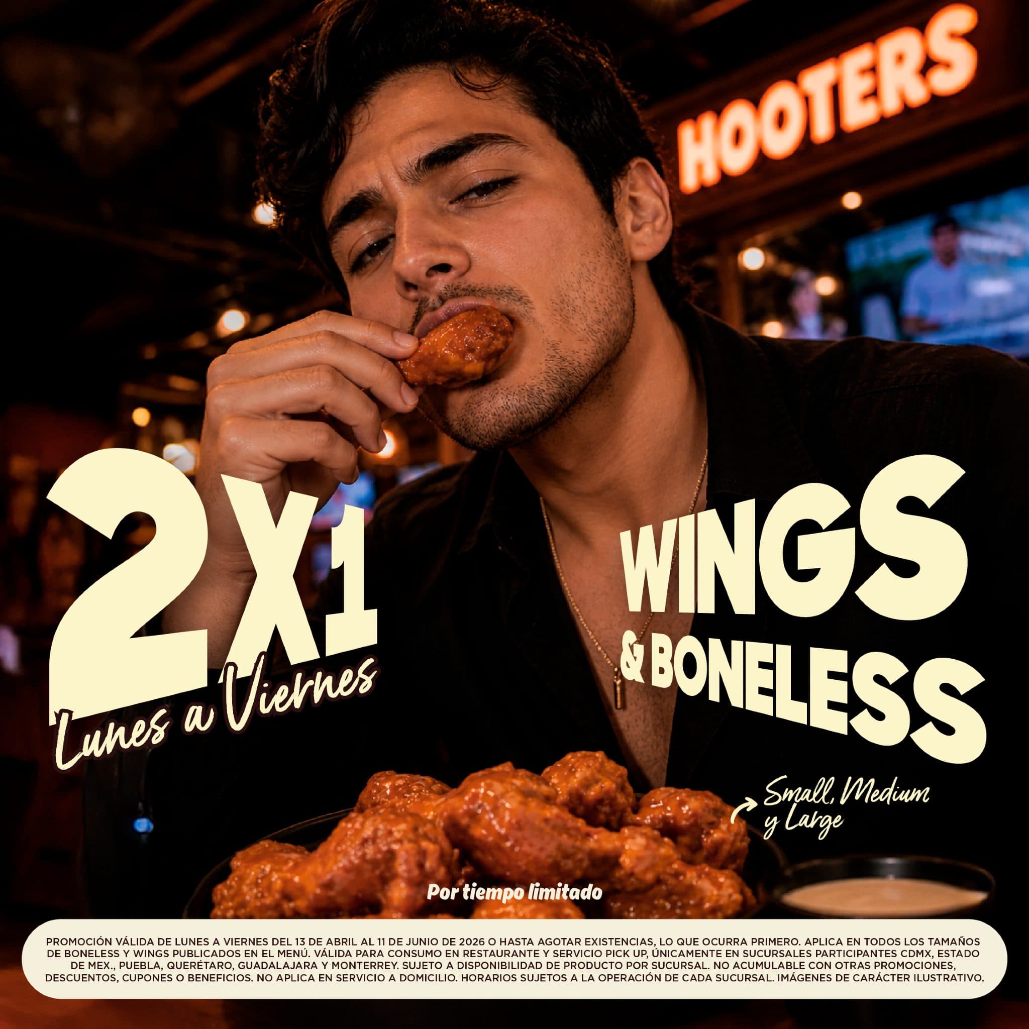 Promoción Hooters: 2×1 en boneless y alitas hasta el 11 de junio de 2026
