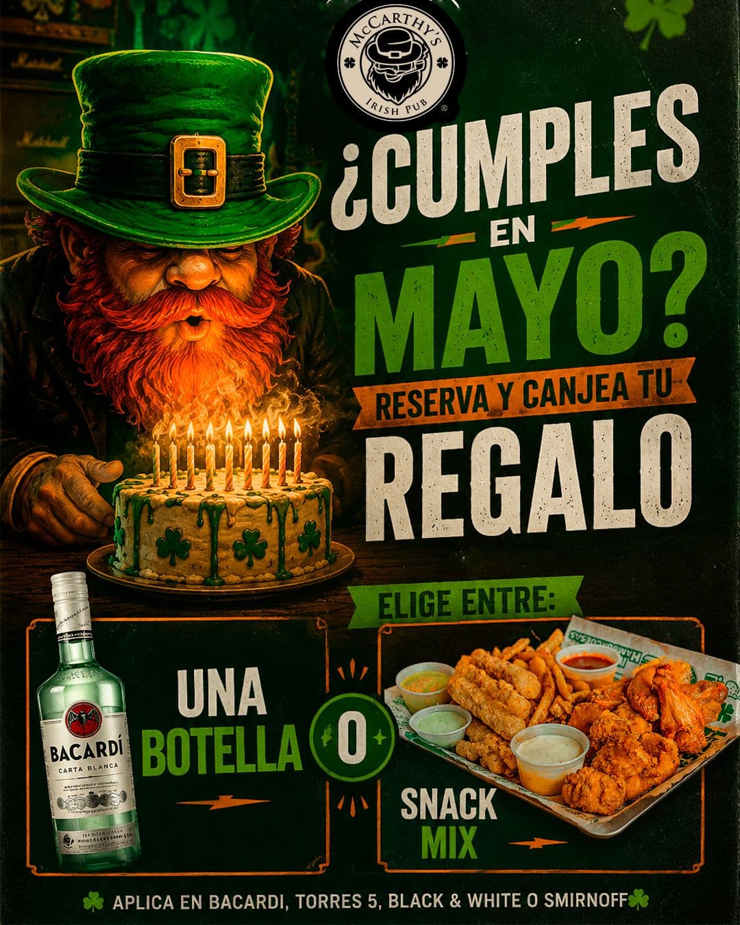 Cumpleaños Mayo 2026 en McCarthy’s Irish Pub: botella o snack mix gratis