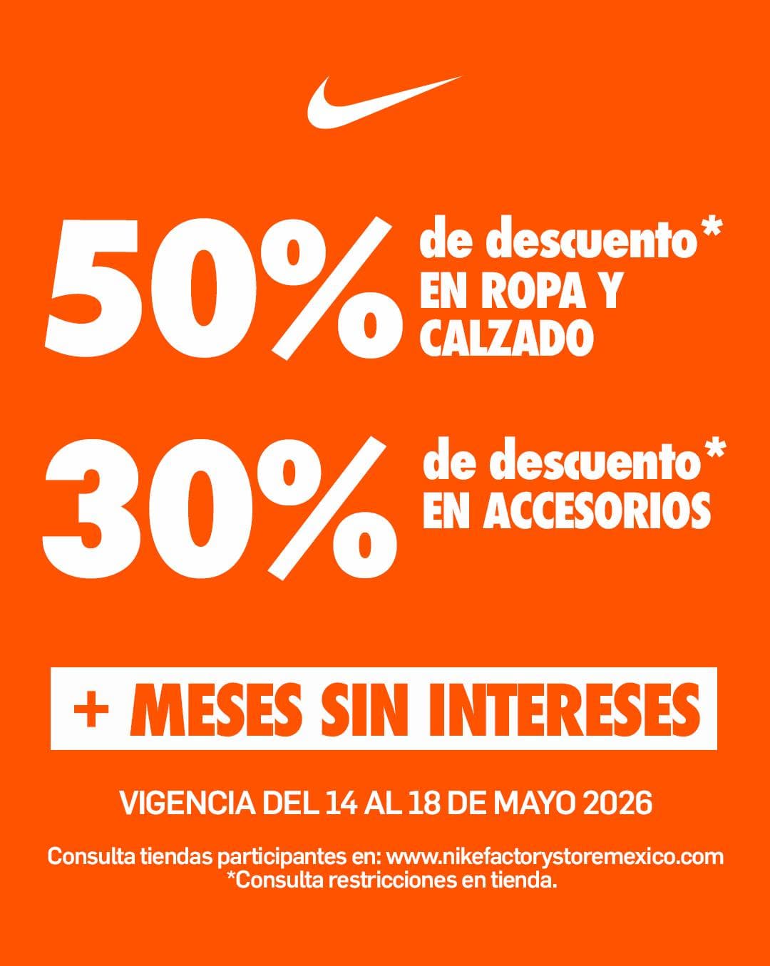 50% de descuento en Ropa y Calzado en Nike Factory Store del 14 al 18 de mayo