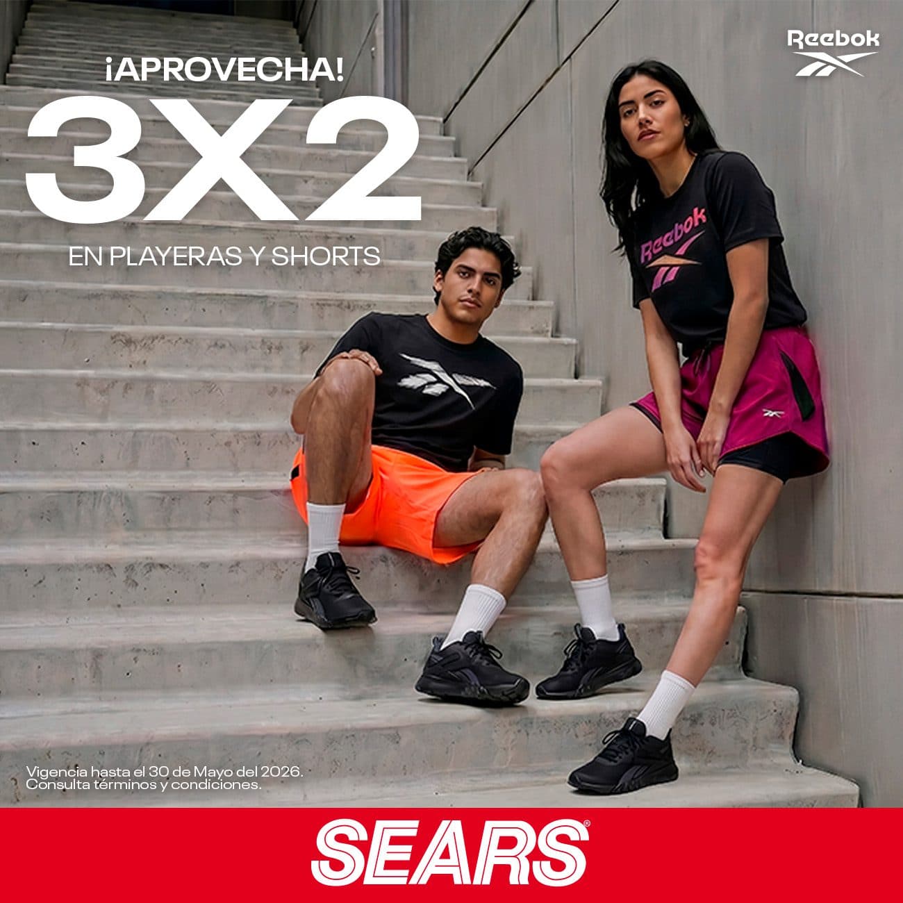 3×2 en playeras y shorts Reebok en Sears hasta el 30 de mayo 2026
