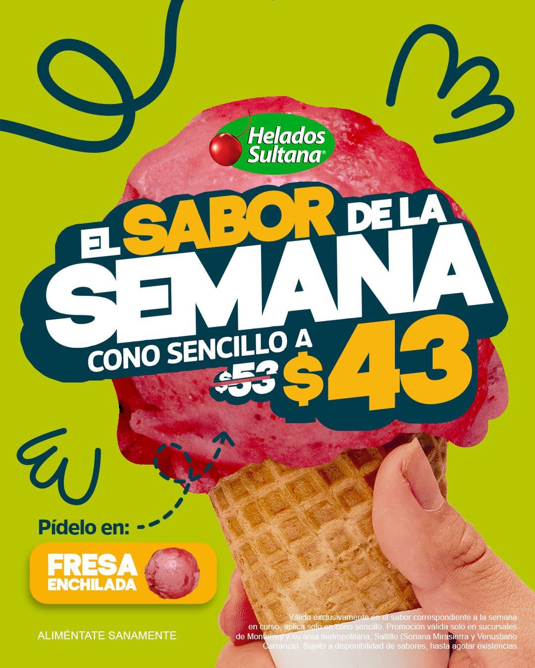 Helados Sultana: Cono sencillo de Fresa enchilada a $43 del 11 al 17 de mayo