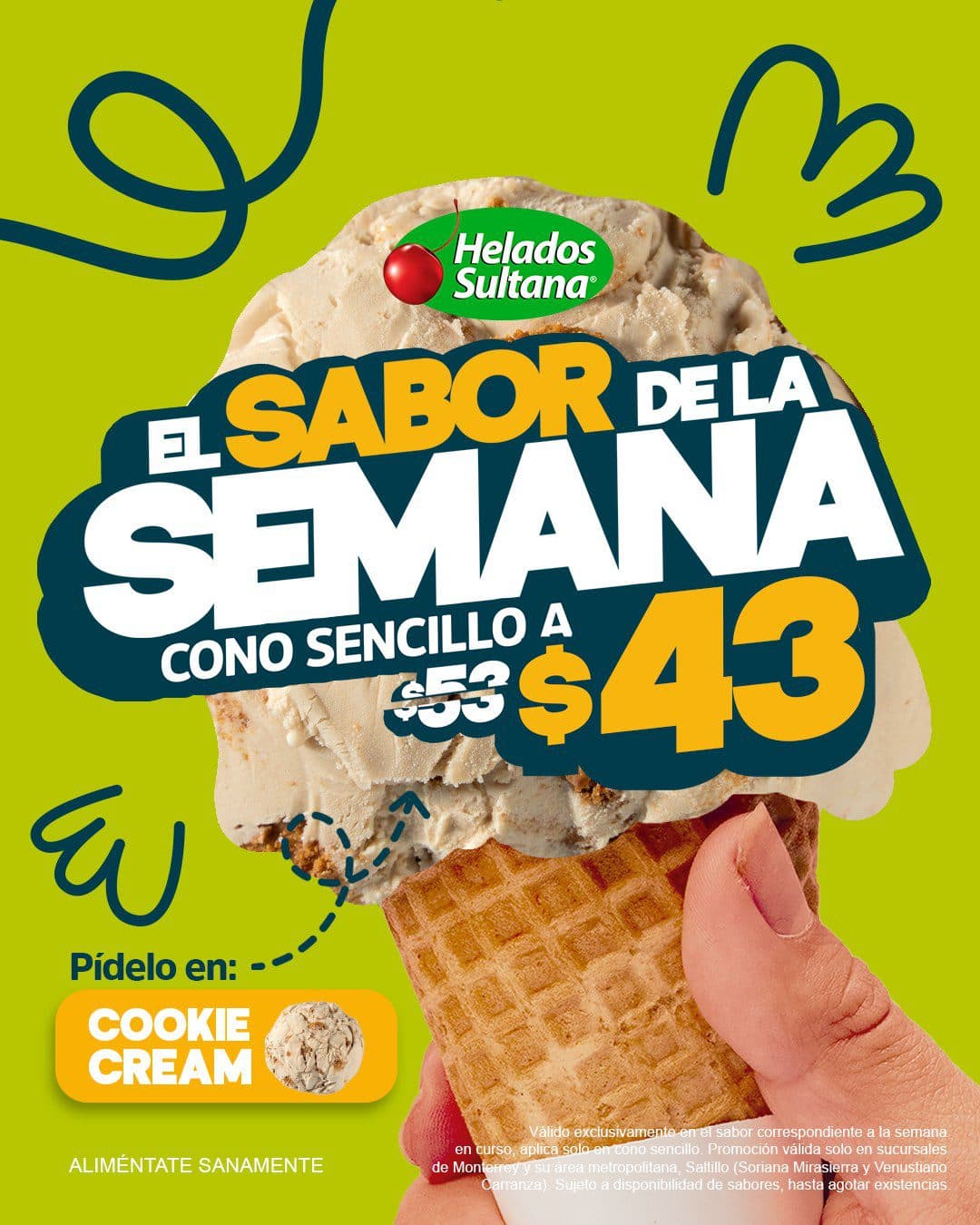 Helados Sultana: Cono sencillo de Cookie Cream a $43 del 18 al 24 de mayo