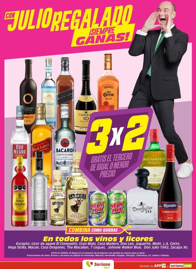 Julio Regalado Soriana 9 al 10 de julio: 3×2 en Vinos y Licores