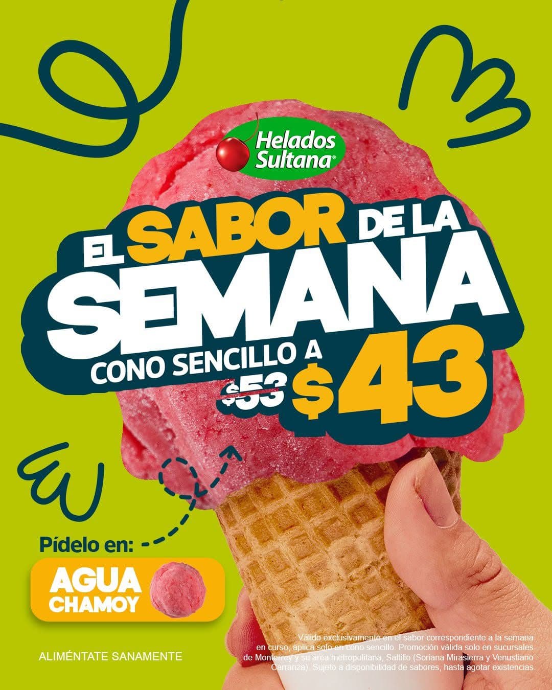 Cono sencillo de Agua Chamoy a $43 en Helados Sultana del 8 al 14 de junio