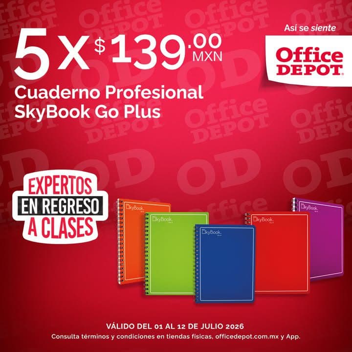 Expertos en Regreso a Clases Office Depot 1 al 12 de julio: 5 cuadernos SkyBook a $139