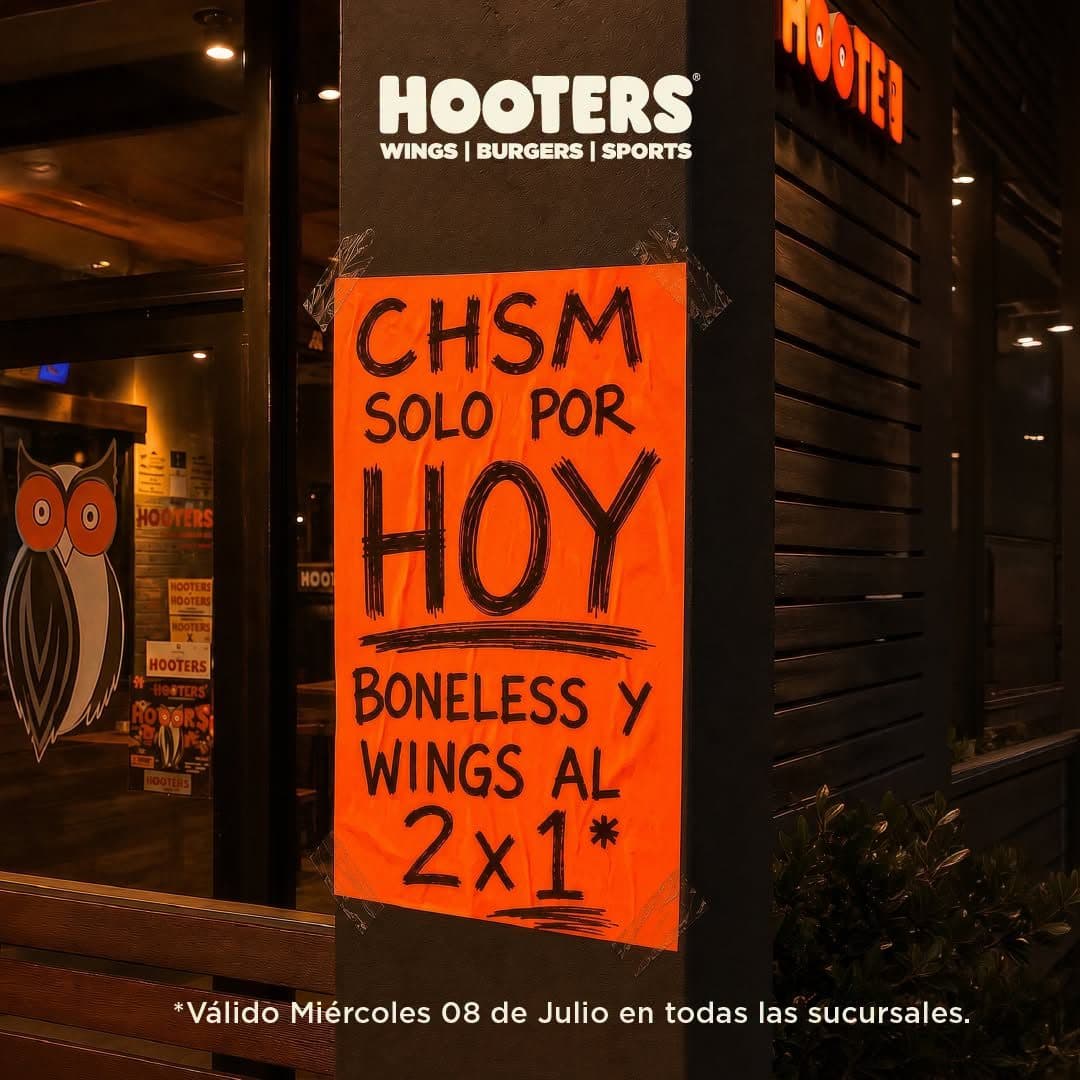 Promoción Hooters 8 de julio: 2×1 en Boneless y Alitas