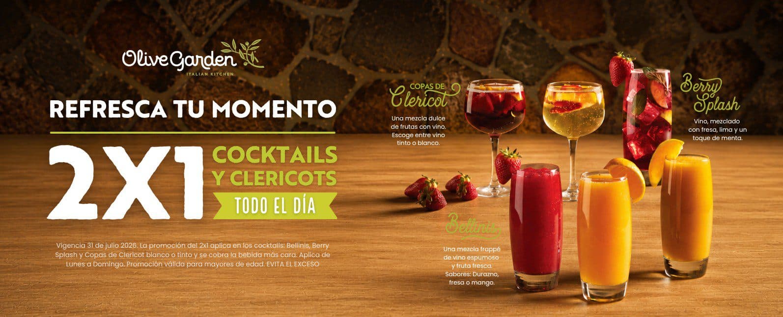 2×1 en cócteles y copas de clericot en Olive Garden hasta el 31 de julio